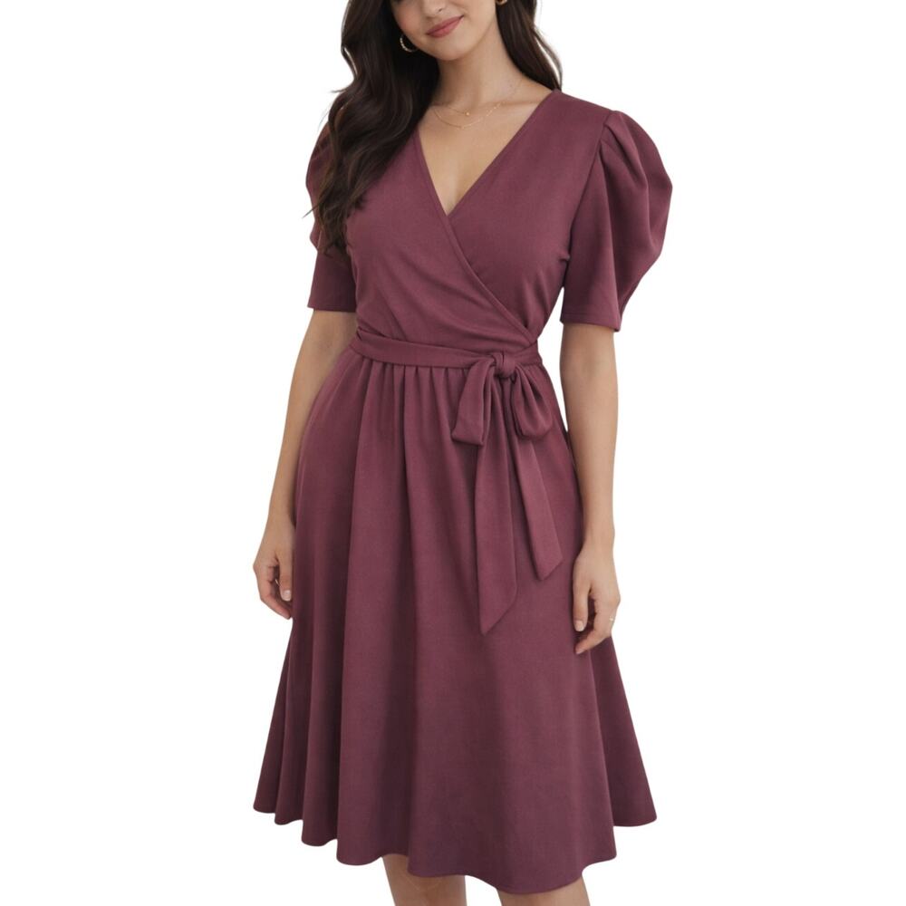 The Darling Style Burgundy Puff Sleeve Wrap-like Midi Dress Large Wine Red